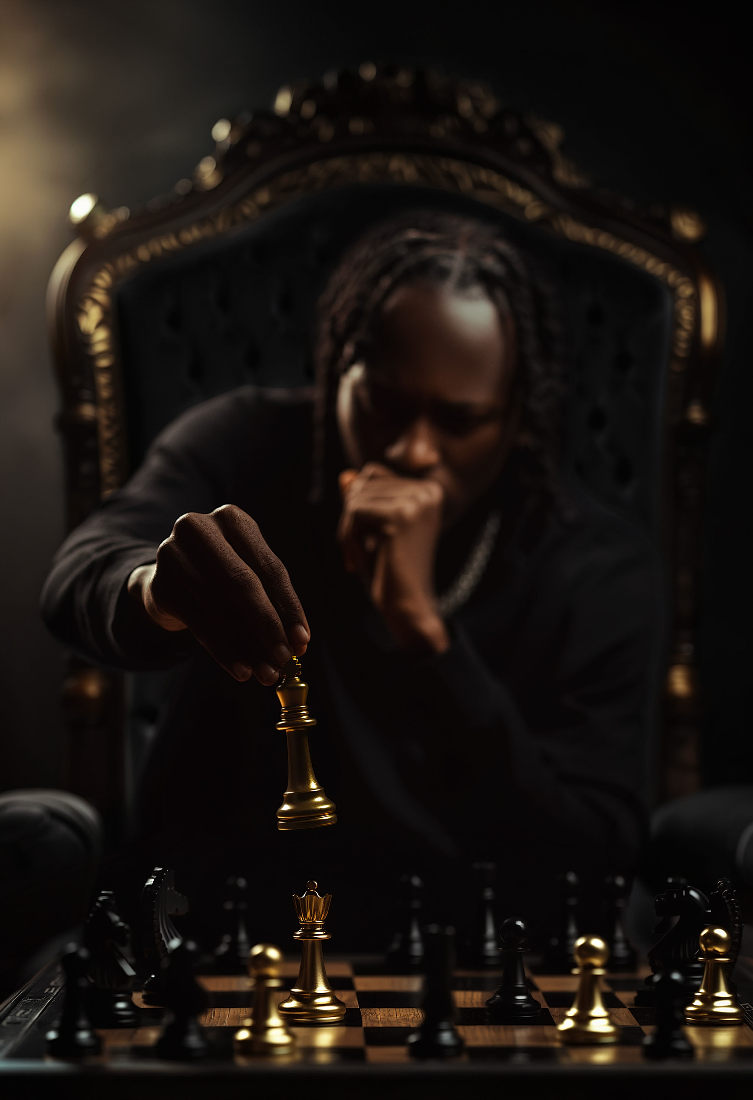 Derly Huncho holding a golden chess king in front of a chessboard